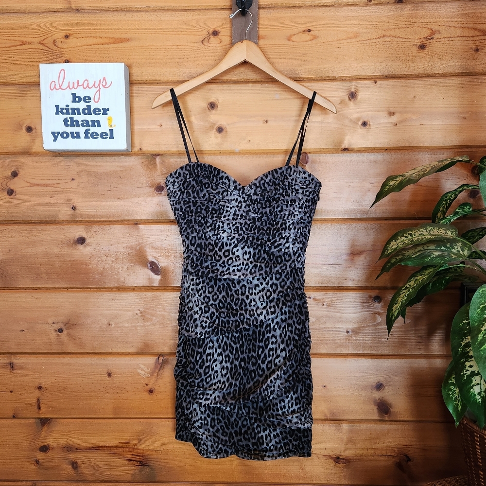 BCBGMAXAZRIA 💜 Winnie Black Combo Leopard Ruched Mini Dress Strapless Pleated 8